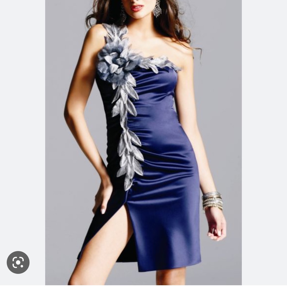Faviana Navy one shoulder flower cocktail dress Sz 8